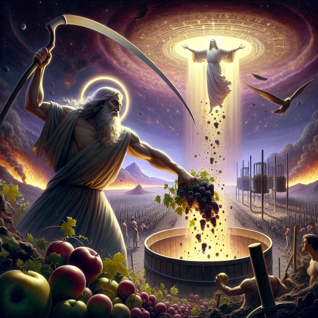 Отк 14:18 И иной Ангел, имеющий власть над огнем, вышел от жертвенника и с великим криком воскликнул к имеющему острый серп, говоря: пусти острый серп твой и обрежь гроздья винограда на земле, потому что созрели на нем ягоды. 19 И поверг Ангел серп свой на землю, и обрезал виноград на земле, и бросил в великое точило гнева Божия. 20 И истоптаны ягоды в точиле за городом, и потекла кровь из точила даже до узд конских, на тысячу шестьсот стадий