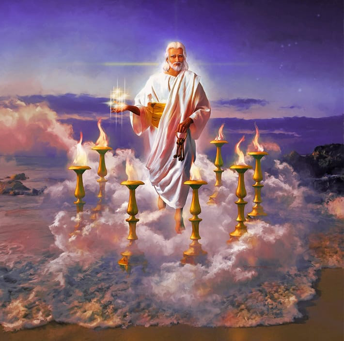 12 Я обратился, чтобы увидеть, чей голос, говоривший со мною; и обратившись, увидел семь золотых светильников 13 и, посреди семи светильников, подобного Сыну Человеческому, облеченного в подир и по персям опоясанного золотым поясом: 14 глава Его и волосы белы, как белая волна, как снег; и очи Его, как пламень огненный; 15 и ноги Его подобны халколивану, как раскаленные в печи, и голос Его, как шум вод многих. 16 Он держал в деснице Своей семь звезд, и из уст Его выходил острый с обеих сторон меч; и лице Его, как солнце, сияющее в силе своей.