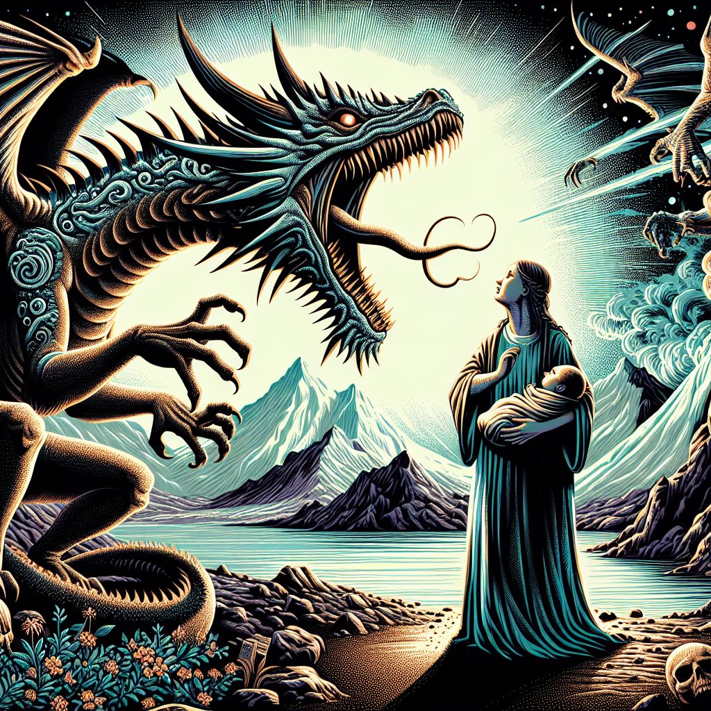 1 И явилось на небе великое знамение: жена, облеченная в солнце; под ногами ее луна, и на главе ее венец из двенадцати звезд. 2 Она имела во чреве, и кричала от болей и мук рождения. 3 И другое знамение явилось на небе: вот, большой красный дракон с семью головами и десятью рогами, и на головах его семь диадим. 4 Хвост его увлек с неба третью часть звезд и поверг их на землю. Дракон сей стал перед женою, которой надлежало родить, дабы, когда она родит, пожрать ее младенца. 5 И родила она младенца мужеского пола, которому надлежит пасти все народы жезлом железным; и восхищено было дитя ее к Богу и престолу Его.